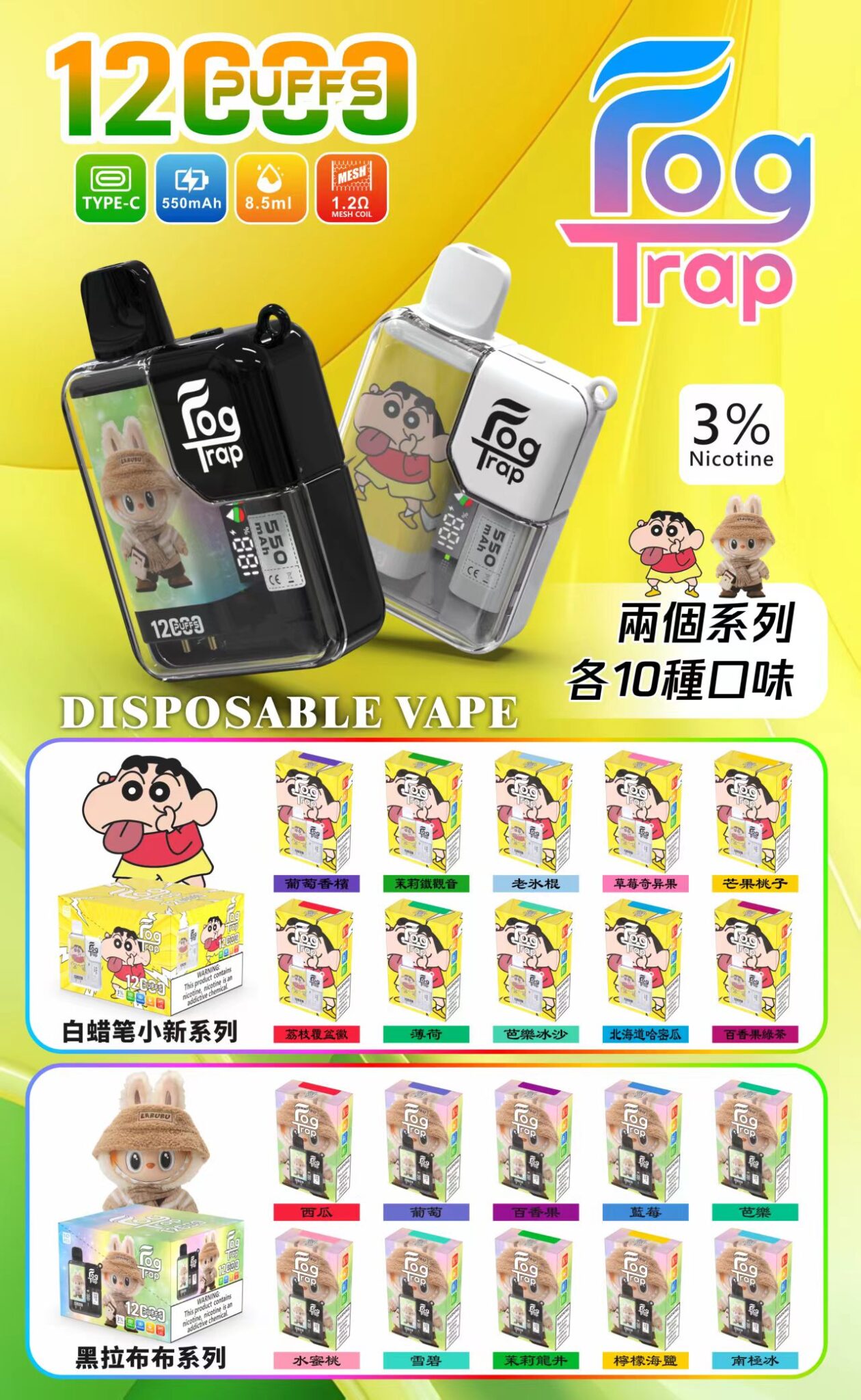 Fog Trap拉布布×蠟筆小新12000口拋棄式電子煙｜跨界聯名，卡通風格帶來無限驚喜
